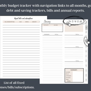 Puede incluir: Un rastreador de presupuesto mensual digital con enlaces de navegaci&oacute;n, objetivos, deudas y rastreadores de ahorro. El rastreador incluye secciones para facturas, suscripciones, ingresos, gastos y un resumen. El texto de la imagen dice: "Lista de todos los gastos/facturas/suscripciones fijos."