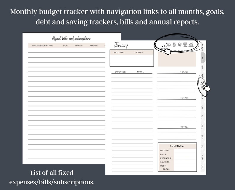Puede incluir: Un rastreador de presupuesto mensual digital con enlaces de navegaci&oacute;n, objetivos, deudas y rastreadores de ahorro. El rastreador incluye secciones para facturas, suscripciones, ingresos, gastos y un resumen. El texto de la imagen dice: "Lista de todos los gastos/facturas/suscripciones fijos."
