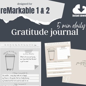 May include: A digital planner template for a gratitude journal designed for the reMarkable 1 & 2 tablet. The template features a daily affirmation section, a section for listing things you are grateful for, and a section for reflecting on what you are proud of. The template is designed to be used for 5 minutes each day.