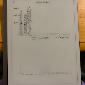 Puede incluir: Una tableta digital que muestra un gr&aacute;fico de seguimiento de progreso escrito a mano. El gr&aacute;fico muestra gr&aacute;ficos de barras y gr&aacute;ficos de l&iacute;neas con las palabras "ingresos" y "gastos". Los meses del a&ntilde;o est&aacute;n listados en la parte inferior.