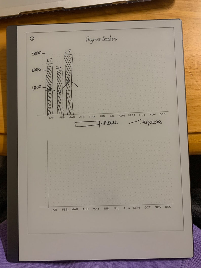 Puede incluir: Una tableta digital que muestra un gr&aacute;fico de seguimiento de progreso escrito a mano. El gr&aacute;fico muestra gr&aacute;ficos de barras y gr&aacute;ficos de l&iacute;neas con las palabras "ingresos" y "gastos". Los meses del a&ntilde;o est&aacute;n listados en la parte inferior.