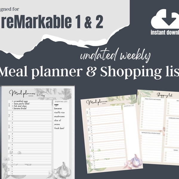 reMarkable 2 MEAL PLAN and SHOPPING list digital template | Grocery Pantry Weekly Daily Planner printable | Instant download pdf