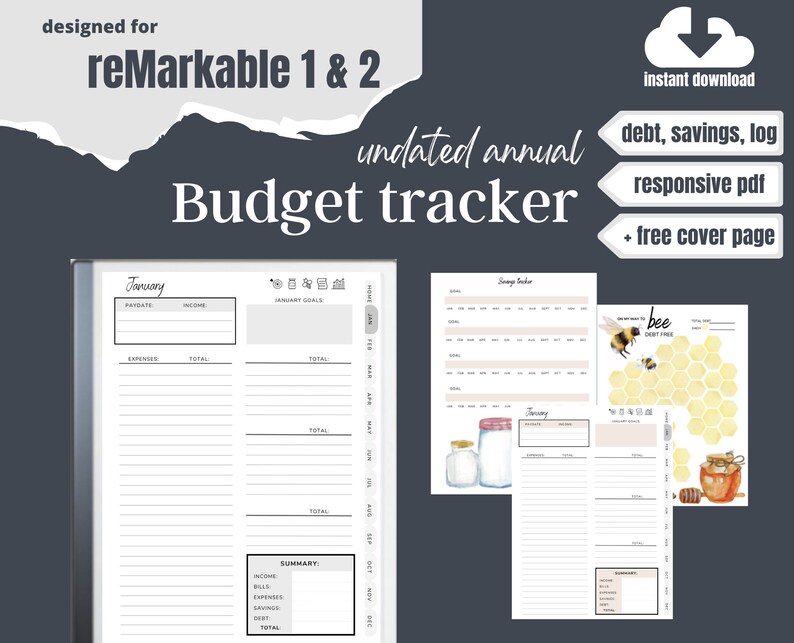 Puede incluir: Un rastreador de presupuesto anual sin fecha dise&ntilde;ado para tabletas reMarkable 1 y 2. La imagen muestra un planificador digital detallado con secciones para ingresos, gastos y ahorros. Incluye un registro de deudas y ahorros, PDF adaptable y una portada gratuita.