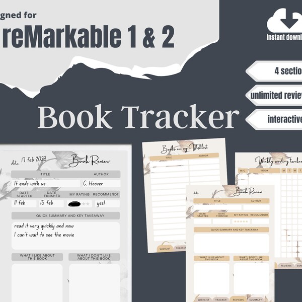 reMarkable 2 BOOK REVIEW journal template | Reading list, habit tracker | Digital Notebook | Interactive PDF | Instant download