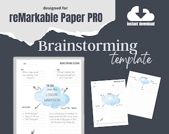 May include: A digital brainstorming template for reMarkable Paper PRO. The design features a cloud graphic with the text "run the LONDON MARATHON!" and sections for ideas, plans, and thoughts. Includes an "instant download" icon.