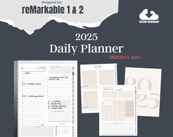 2025 MONTHLY DAILY PLANNER for reMarkable 2 | Digital template | All in one bundle | Goals tracker | Linked pdf | Instant download