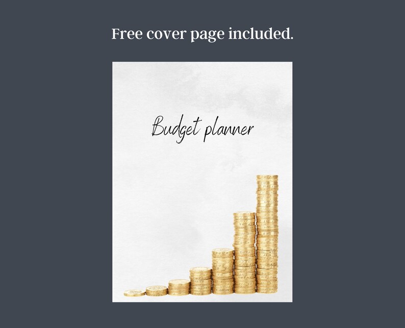 Puede incluir: Una portada blanca de planificador de presupuesto con las palabras "Budget planner" en escritura elegante. Pilas de monedas de oro ascienden en altura, simbolizando el crecimiento financiero. El texto "Free cover page included" est&aacute; en la parte superior.