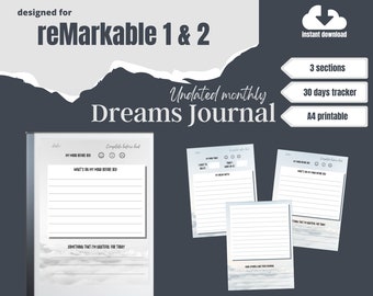 reMarkable 2 Dreams Notes Journal template | Sleep tracker | 30 day Digital Notebook 2022 | Instant download PDF