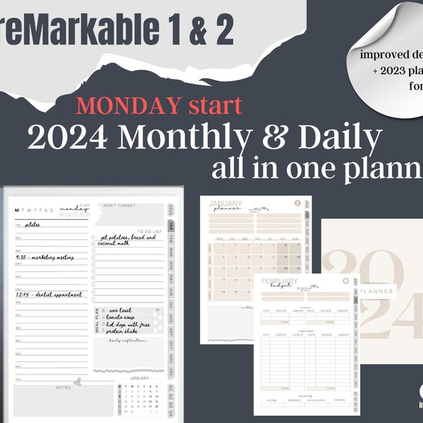 reMarkable 2 2024 MONTHLY DAILY PLANNER Digital Planner template | All in one bundle | Budget tracker | Linked pdf | Instant download