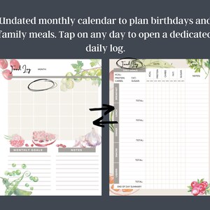 May include: A printable undated monthly calendar with a food theme. The calendar has a grid for planning meals and birthdays. There is a separate section for daily food logging with columns for calories, protein, carbs, fat, and sugar. The calendar is decorated with watercolor illustrations of fruits, vegetables, and herbs.