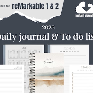 May include: A digital planner for the year 2025, designed for the Remarkable 1 & 2 e-reader. The planner includes a daily journal, to-do list, and a calendar. The cover of the journal features a watercolor design of a landscape with mountains and water.