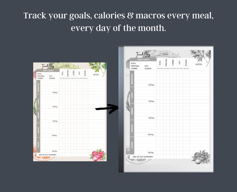 May include: A printable food journal with a watercolor floral design. The journal is divided into sections for daily goals, meals, and notes. The text "Food Day" is at the top of the page.