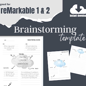 Op de afbeelding: Een brainstormtemplate voor de digitale notitieboek Remarkable 1 & 2. De sjabloon bevat een wolk met de tekst "run the London Marathon!" en secties voor "The Idea", "Plan of Action", "Thoughts", "Pros", "Cons" en "Date".