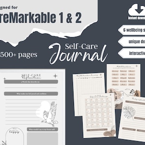 Pode incluir: Um diário digital de autocuidado projetado para os leitores eletrônicos Remarkable 1 & 2. O diário possui mais de 500 páginas com 6 seções de bem-estar, um design exclusivo e um formato PDF interativo. A imagem mostra uma página de amostra com uma ilustração de um pássaro e o texto "Reflexão sobre o autocuidado".