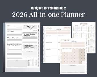 Könnte beinhalten: Ein digitaler Planer für reMarkable 2 mit einem All-in-One-Layout für 2026. Der Planer bietet Tages-, Wochen- und Monatsansichten sowie Bereiche für Notizen und To-Do-Listen. Das Design ist in Weiß- und Beigetönen gehalten und trägt den Text "designed for reMarkable 2".
