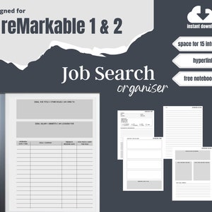 May include: A printable job search organizer designed for the reMarkable 1 & 2 e-reader. The organizer includes sections for ideal job title, salary, interview notes, and feedback. It also includes a free notebook cover.