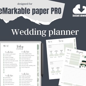 May include: A digital wedding planner checklist for the Remarkable paper PRO tablet. The checklist includes sections for 12 months before the wedding, 6 months before, and 3 months before. The planner also includes sections for venues, vendors, and honeymoon.