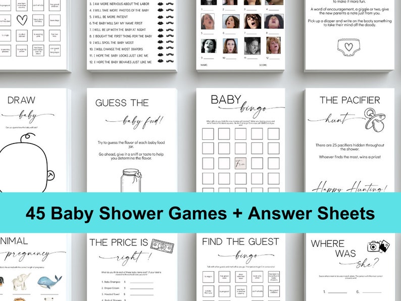 Minimal Baby Shower Games, Answer Sheets, Diaper Raffle, Party Fun