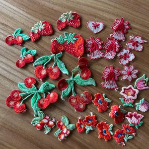 Små blandade broderade tygmärken med körsbärs-, jordgubbs- och blommönster som kan sys på