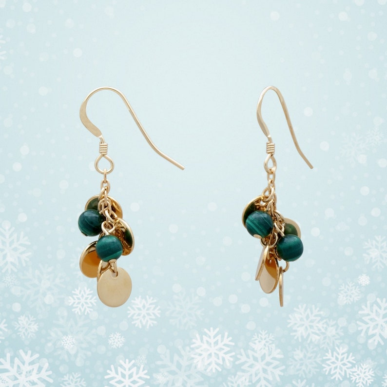 Malachite Bead and Gold Disc Cluster Earrings, 14K Gold Filled,