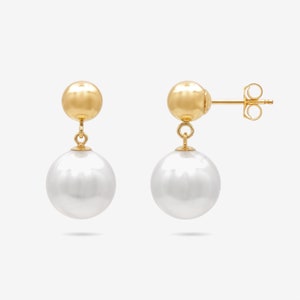 Large Pearl Drop Earrings with Gold Ball Stud, 14K Gold Filled, Gold Ball Stud Earrings with Pearl, Short Dangle Earring, Classic and Chic