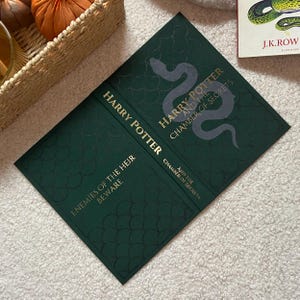 May include: A dark green book cover featuring the title "Harry Potter and the Chamber of Secrets" in gold. A silver snake graphic is displayed. The text "Enemies of the Heir Beware" is also visible on the cover.