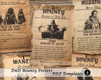 DnD Bounty Poster: Wanted Starter Pack NPCs (PDF template editable) - Dungeons and Dragons Props, D&D 5e Gamemaster Tools