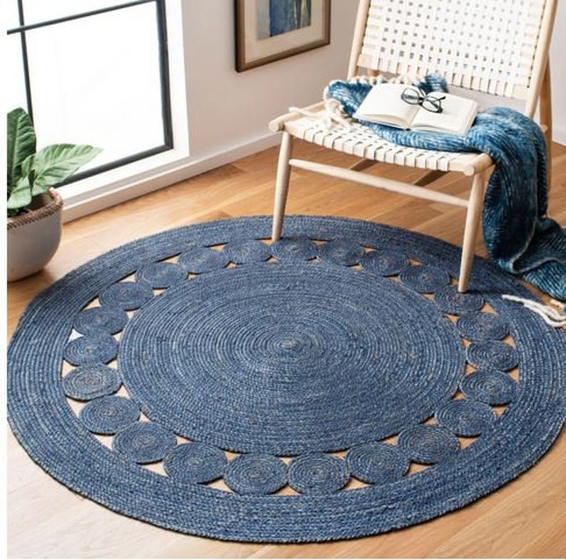 Jute 100% Natural Round Rug Indian Braided style blue Handmade Floor Jute Rugs
