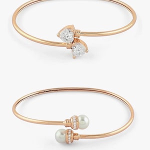Rose Gold Tone Kada Bracelet for Women | Cubic Zirconia & Pearl Brass Bangle | Contemporary Openable Bracelet Gift