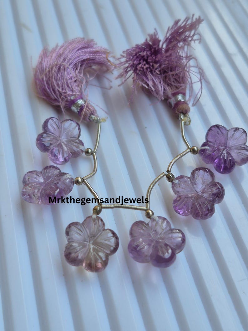 6 perle di ametista naturale intagliate a forma di fiore / Perle di pietra preziosa viola da 14 mm / Intaglio di ametista fatto a mano per la creazione di gioielli immagine 3