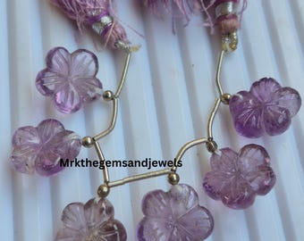 Natural Amethyst Flower Carved Beads 6pcs | 14mm Purple Gemstone Beads | Handmade Amethyst Carving for Jewelry Making
