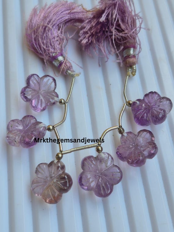 Natural Amethyst Flower Carved Beads 6pcs | 14mm Purple Gemstone Beads | Handmade Amethyst Carving for Jewelry Making
