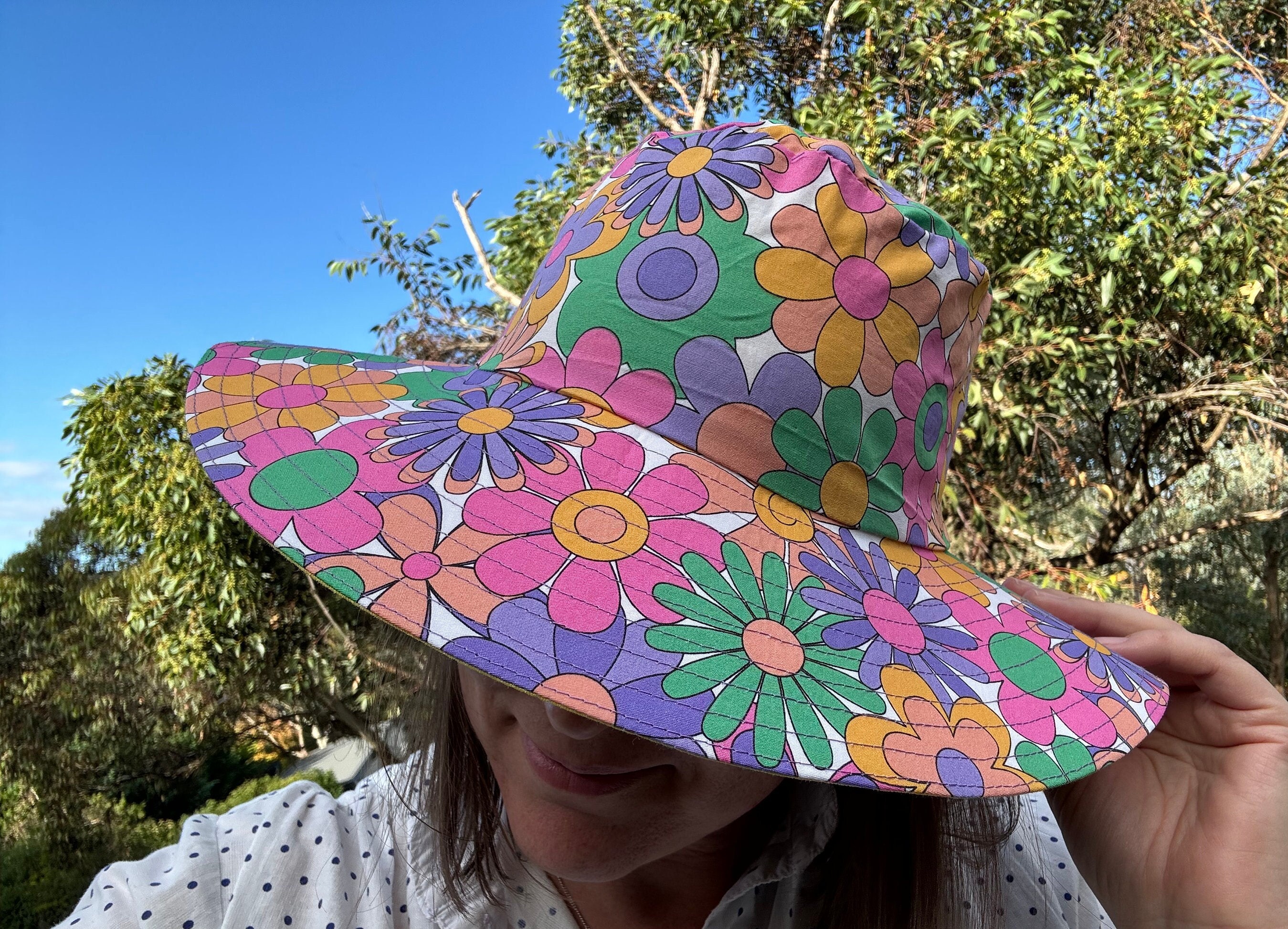 Retro-Style Flower Power Bucket/Sun Hat by Ganz Retro Sun Hat, Wide Brim Hat, 70 main image 4