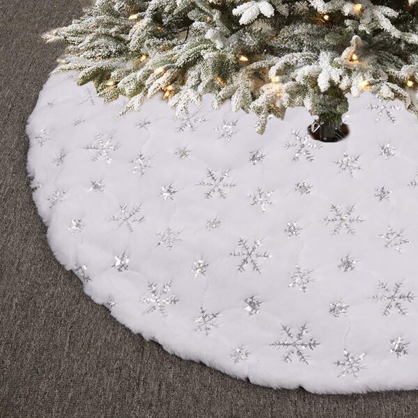 48 inches Christmas Tree Skirt Faux Fur White Tree Skirt with Silver or Gold Snowflakes Sequins