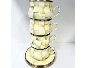 Mackenzie Childs Pergament Check Teetasse Untertasse Set mit 4 Emaillebechern
