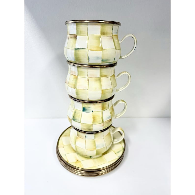 Juego de 4 tazas de té esmaltadas con diseño de cuadros pergamino de Mackenzie Childs imagen 1