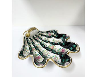 Herend Large Hand Painted Porcelain Chine Bouquet Shell Dish 7444