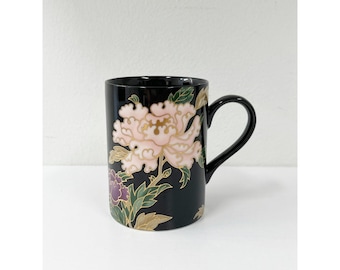 Taza de peonía cloisonné Fitz & Floyd, color negro y rosa, estilo vintage
