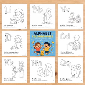 Op de afbeelding: Een set alfabet kleurplaten voor kinderen. Elke pagina toont een letter, een woord en een illustratie, zoals "L is voor Loyal" met een meisje en een kat. De pagina's zijn ontworpen om karakter op te bouwen.