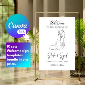 May include: A gold metal stand displays a white wedding welcome sign. The sign reads "Welcome to the Wedding of Shifa & Syed" with a line drawing of a bride and groom. The wedding date and hashtag are also included on the sign.