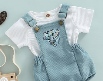 Tiny Trunks, Big Smiles: Colorful Elephant Romper Set for Your Little Adventurer | 2 Piece Corduroy Set | Made to Order