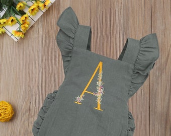 Personalized Sage Green Romper | Baby & Toddler Girl Clothing | Breathable Linen | Ruffle Bum Romper | Custom Gift