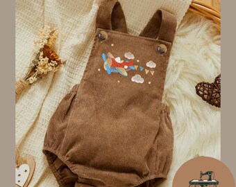 Embroidered Airplane Baby Romper: Cotton Corduroy Outfit