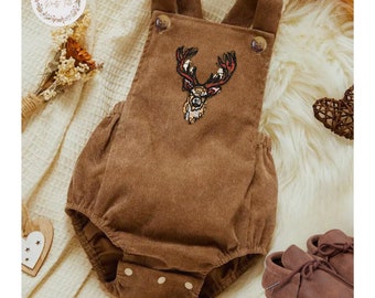 Corduroy Deer Baby Romper | Embroidered Antler Overalls | Gift for Baby