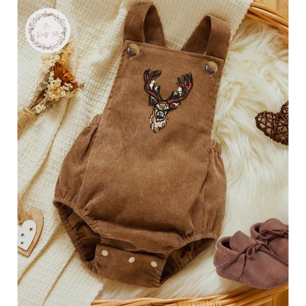 Corduroy Deer Baby Romper | Embroidered Antler Overalls | Gift for Baby