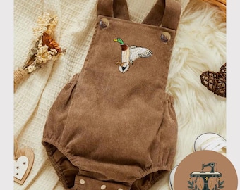 Corduroy Duck Baby Romper | Embroidered Mallard Overalls | Gift for Baby | Made to Order