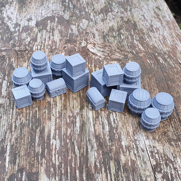 Cajas, barriles, miniaturas de escenografía dispersa a escala de 28 mm para juegos de guerra de D&D, Dungeons and Dragons.