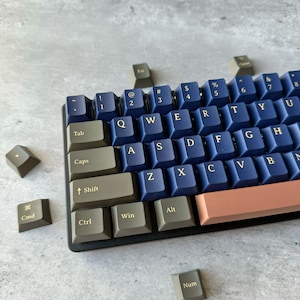 May include: A dark blue and gray mechanical keyboard with gold lettering. The keyboard has a pink space bar and a row of keys with the letters QWERTYUIOPASDFGHJKLZXCVBNM. The keyboard is on a gray surface.