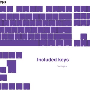 Puede incluir: Diagrama de un teclado de tama&ntilde;o completo de 104 teclas y 23 teclas adicionales, todo en color p&uacute;rpura vibrante. Las teclas est&aacute;n dispuestas en una disposici&oacute;n QWERTY est&aacute;ndar, con etiquetas para cada tecla. Tambi&eacute;n est&aacute; presente el texto "Included keys".