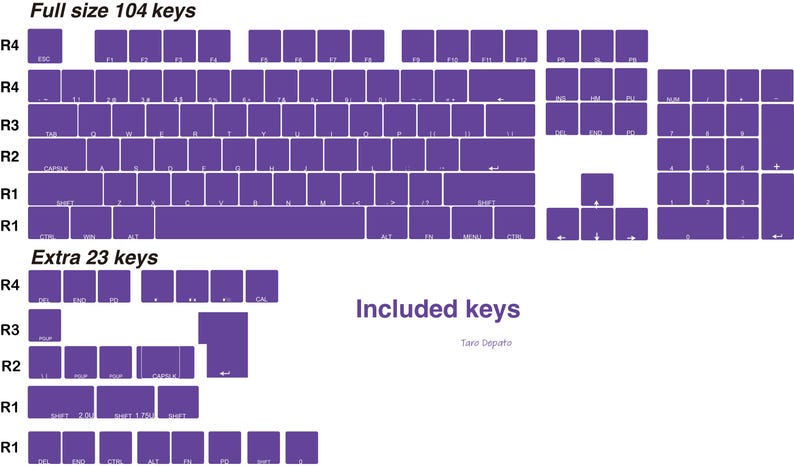 Puede incluir: Diagrama de un teclado de tama&ntilde;o completo de 104 teclas y 23 teclas adicionales, todo en color p&uacute;rpura vibrante. Las teclas est&aacute;n dispuestas en una disposici&oacute;n QWERTY est&aacute;ndar, con etiquetas para cada tecla. Tambi&eacute;n est&aacute; presente el texto "Included keys".